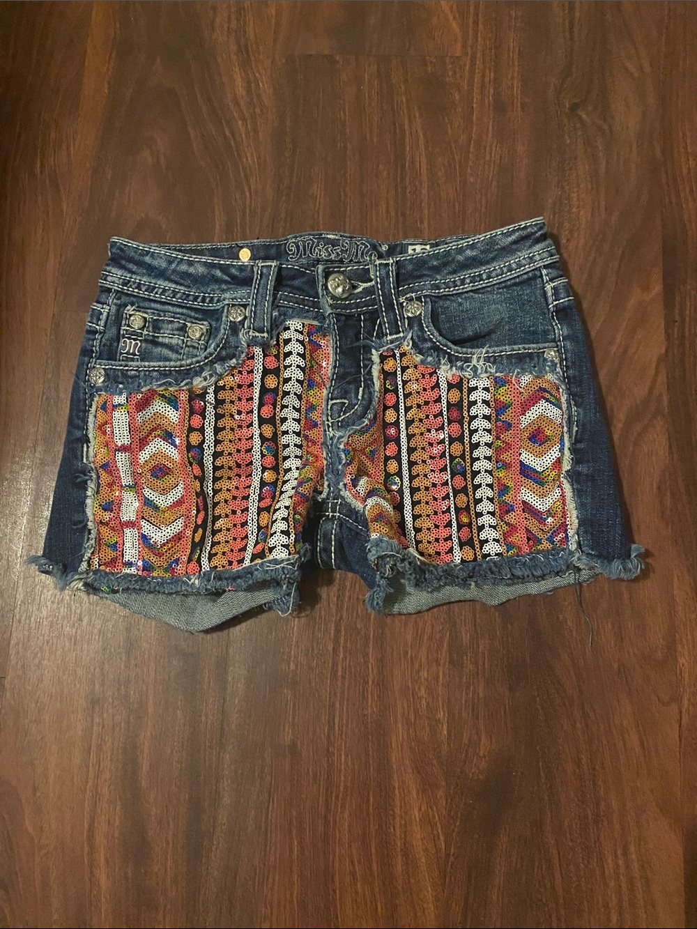 Miss Me Dark Blue Denim Shorts with Multicolor Embroidery